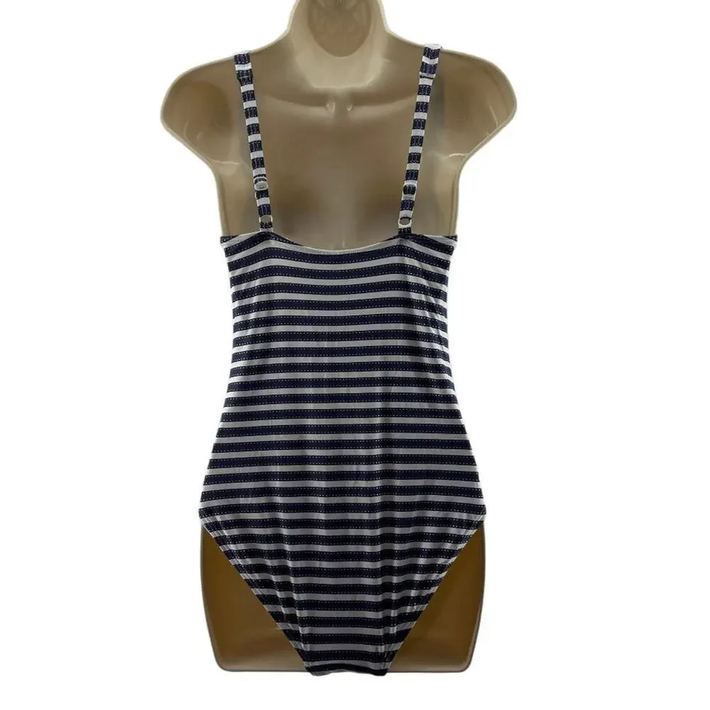Nip Tuck Swim One Piece Bathing Suit Navy White Stripe Slimming Womens 8